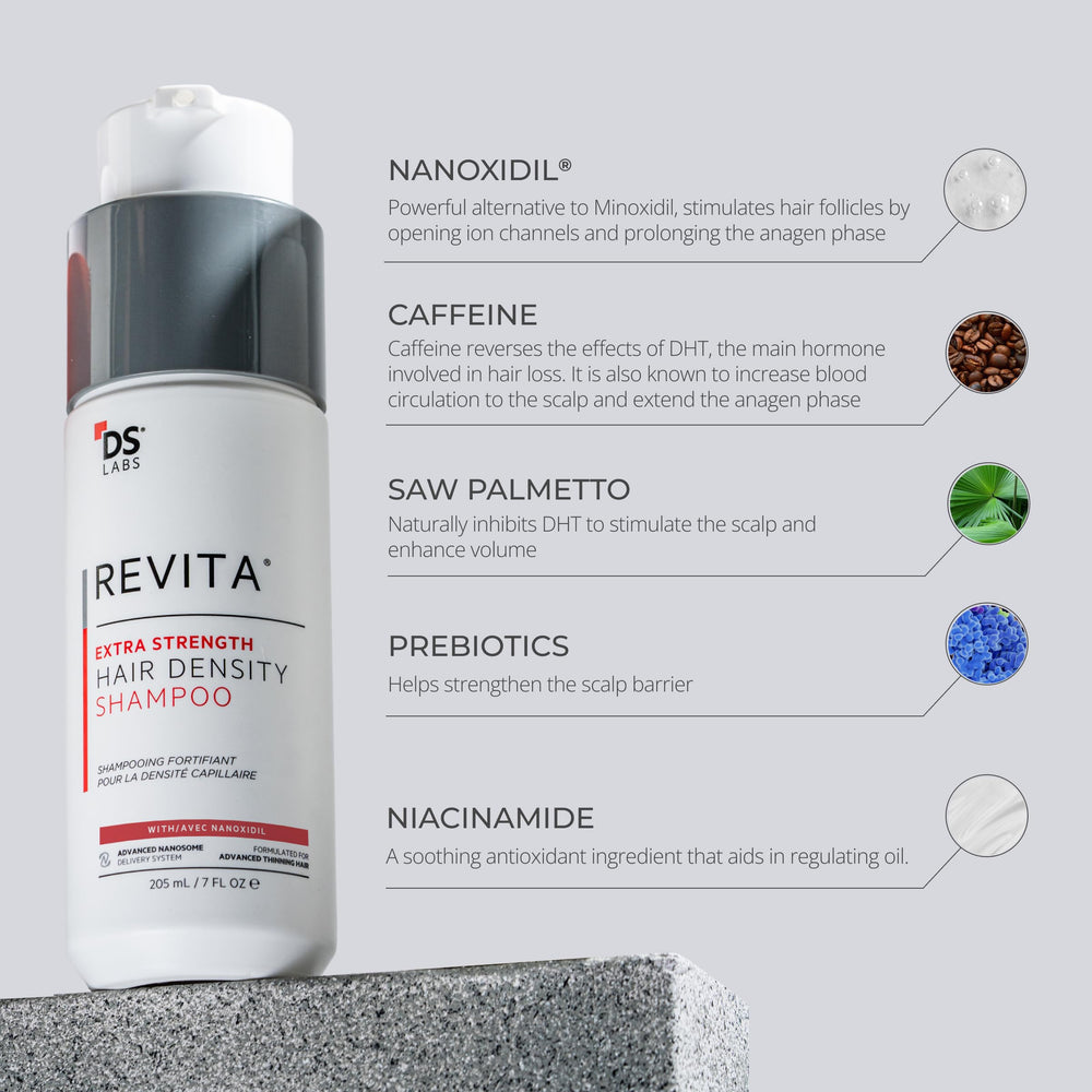 DS Laboratories Revita label closeup showing advanced ingredients for fuller-looking hair.