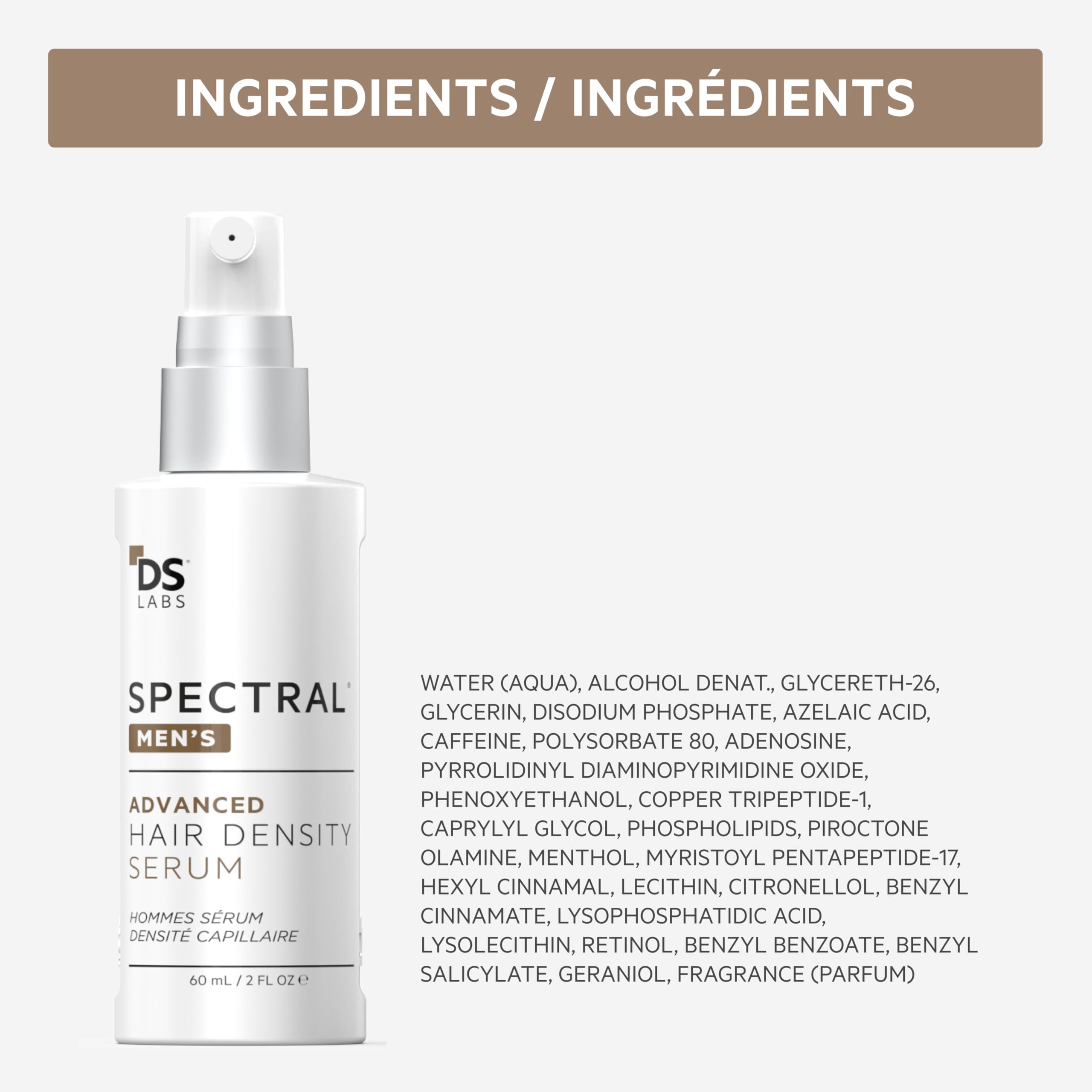 DS Laboratories Spectral Men’s Hair Density Serum ingredients chart highlights nanoxidil and caffeine