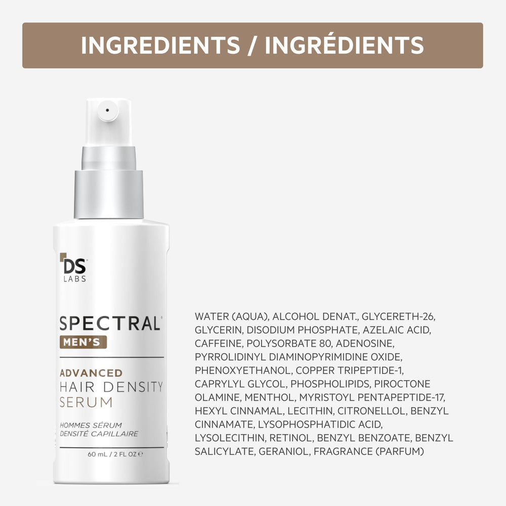 DS Laboratories Spectral Men’s Hair Density Serum ingredients chart highlights nanoxidil and caffeine