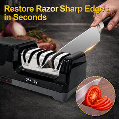 DSKiley sharpener with 20-degree angle guide stabilizes blades safely.