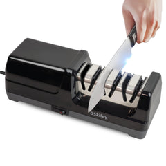 DSKiley electric knife sharpener showing the 3-stage diamond system in use.