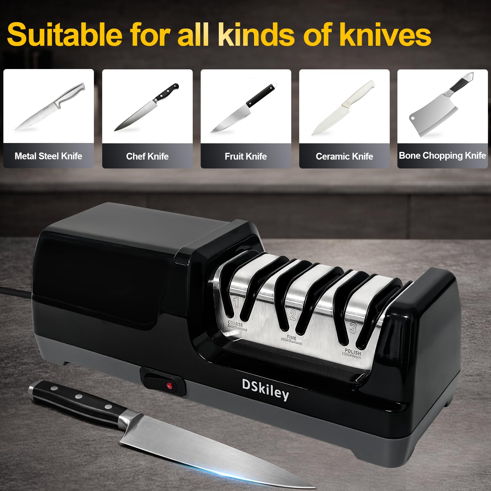 DSKiley sharpeners fit most non-serrated knives, like chef or santoku.