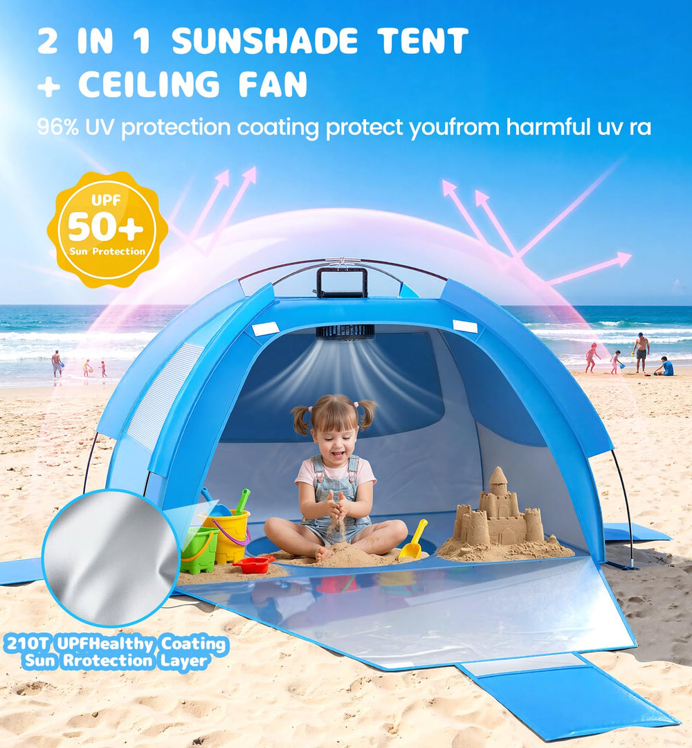 Dsquu Baby Beach Tent featuring solar-powered fan for hot days