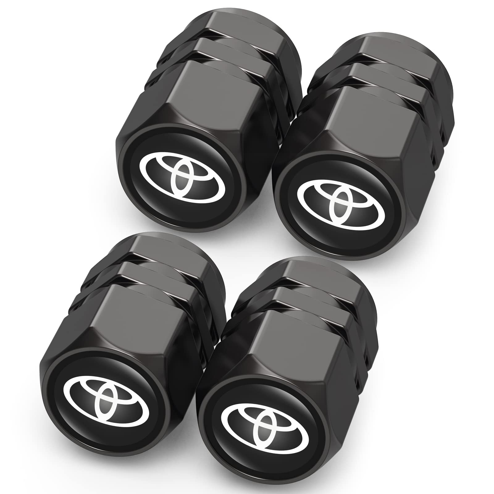 DSVI tire valve caps in black for Toyota Corolla, corrosion-resistant protection.