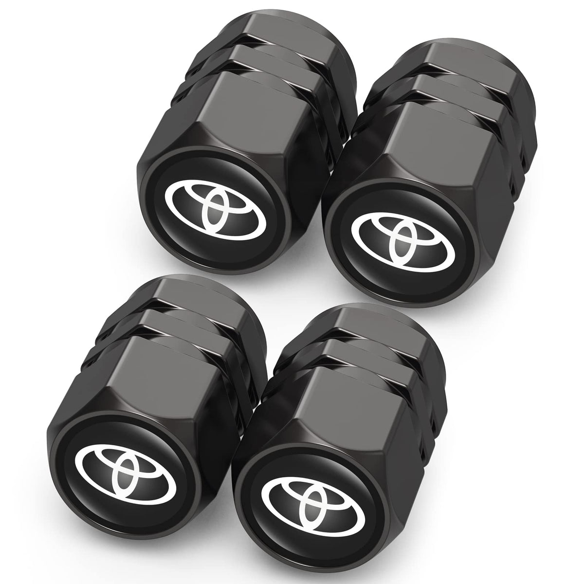 DSVI tire valve caps in black for Toyota Corolla, corrosion-resistant protection.