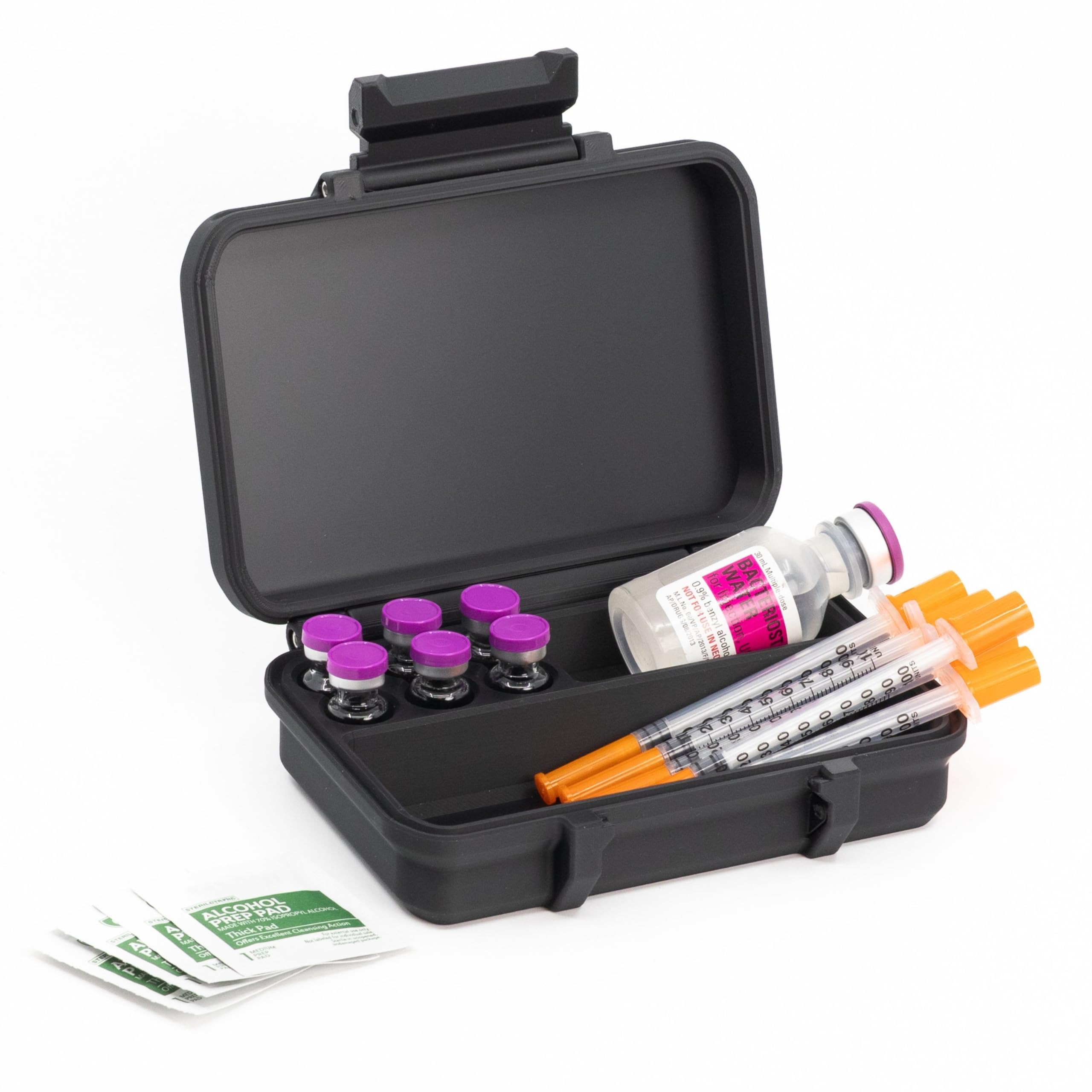 Dual 3ml and 30ml vial case front view showing organized compartments for travel.