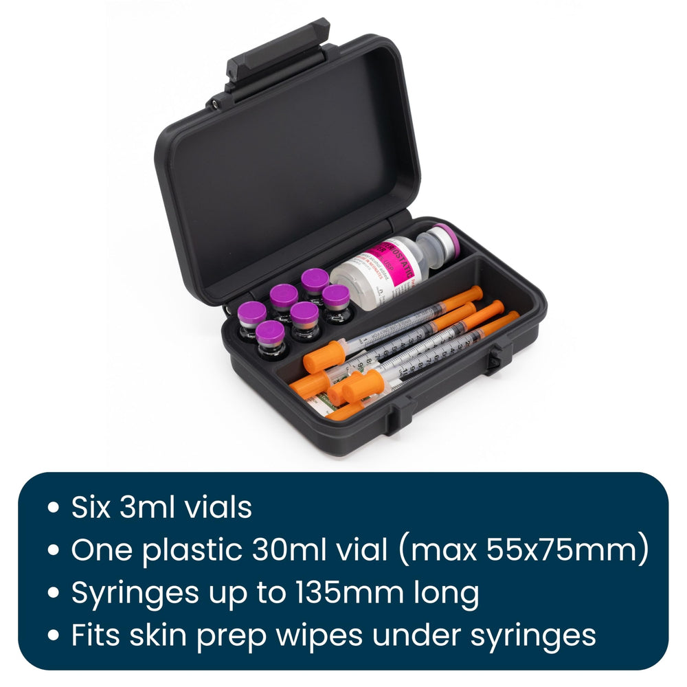 Six 3ml slots in the Dual 3ml and 30ml vial case for compact storage.