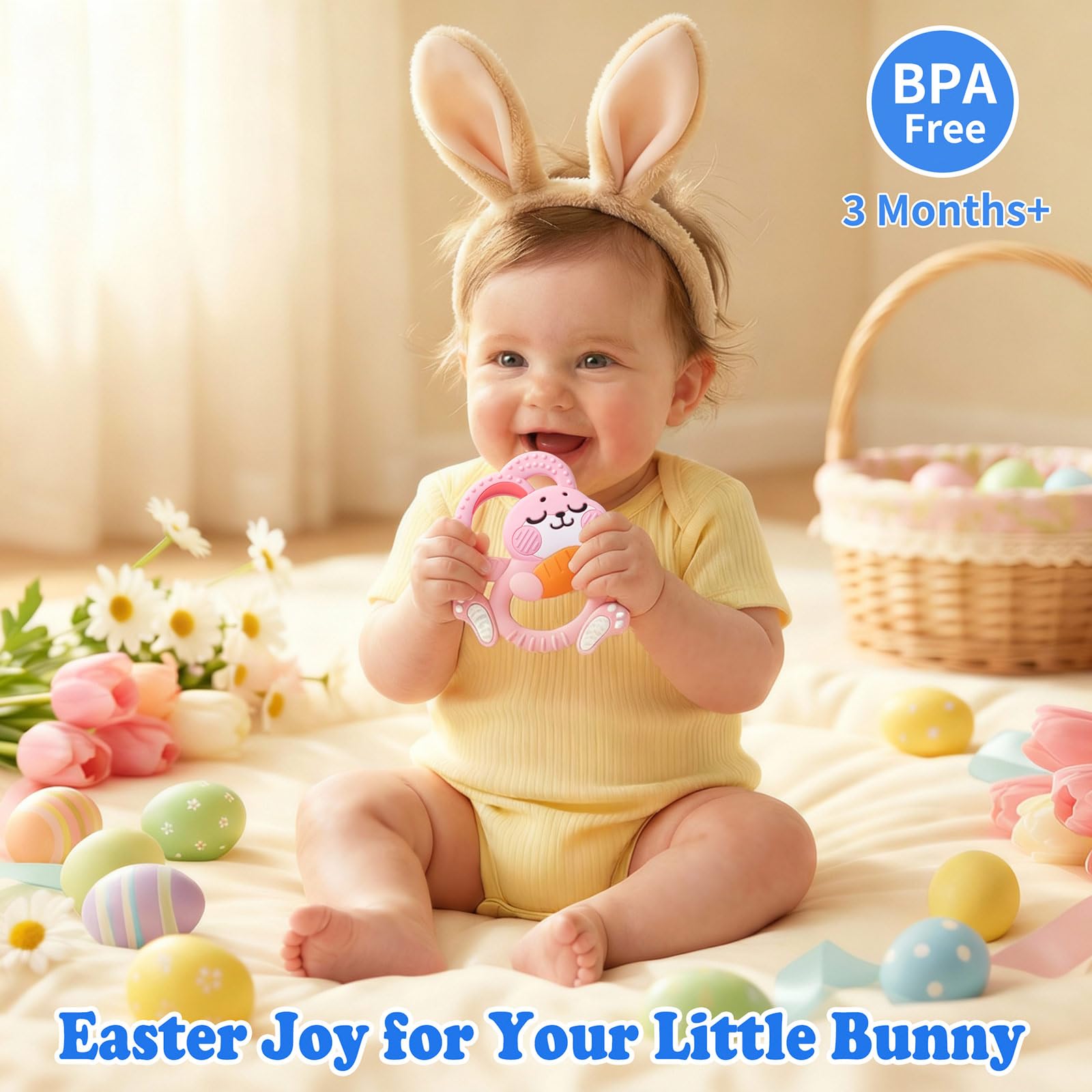 Texture-rich bunny teether helps massage tender gums