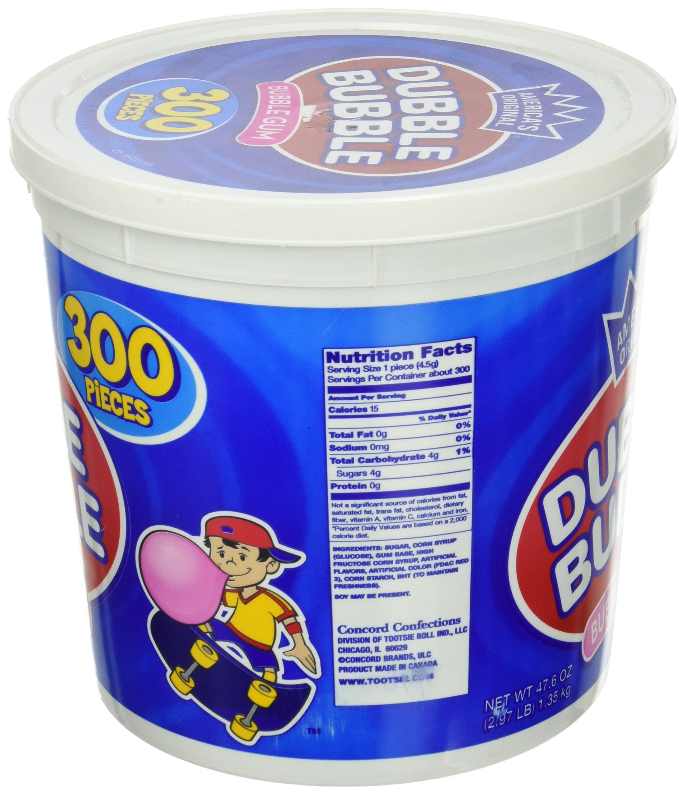 Dubble Bubble 47.6 oz tub with a resealable lid to preserve freshness.