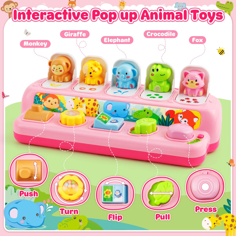 Duchong pop-up toy with animal sounds enhances sensory play.