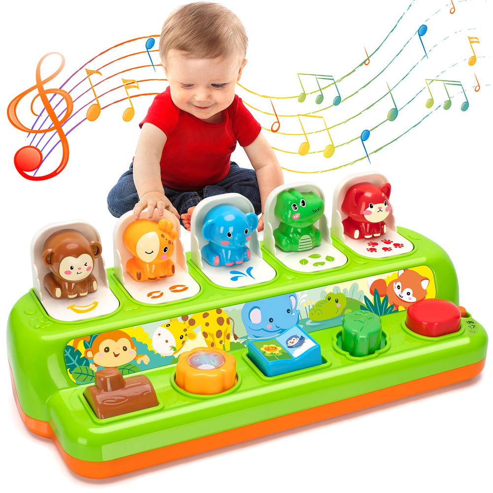 Duchong pop-up toy with animal sounds engages baby's listening and curiosity.