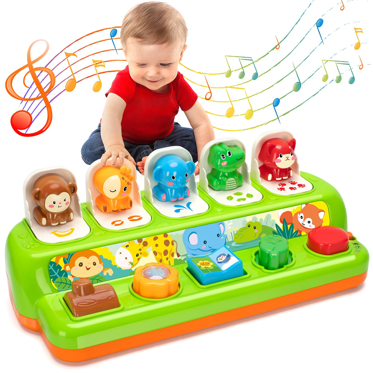 Duchong pop-up toy with animal sounds engages baby's listening and curiosity.