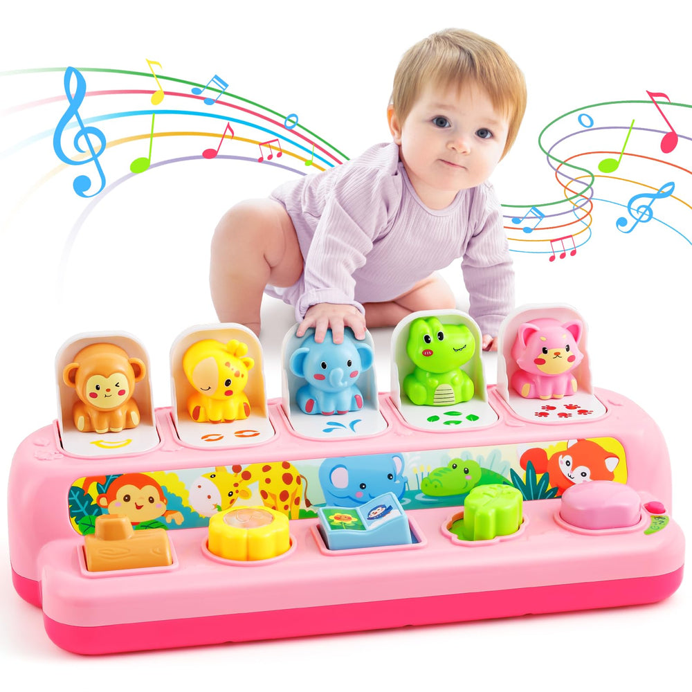 Duchong pop-up toy helps little hands grab and explore for motor development.