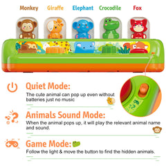 Duchong pop-up toy button activation triggers animals for motor practice.