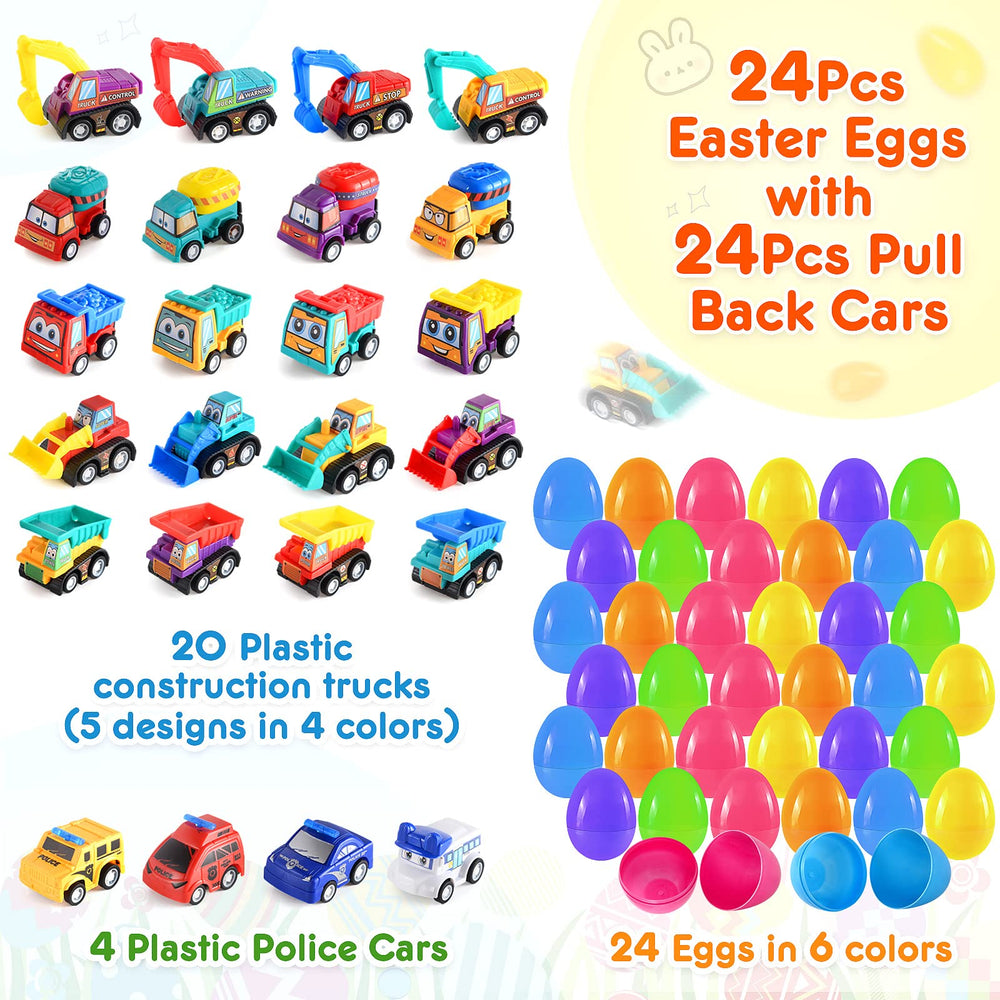 Duchong pull-back construction vehicles inside eggs for active play.