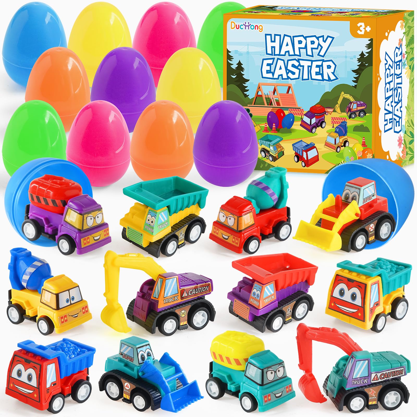 Duchong pull-back vehicles inside Easter eggs for imaginative play.