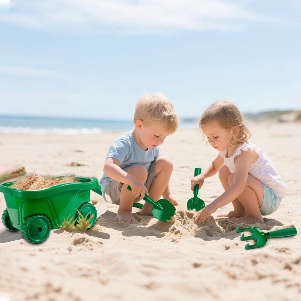 Duckura Kids Wheelbarrow Green depicted as a portable storage for seeds and tools.