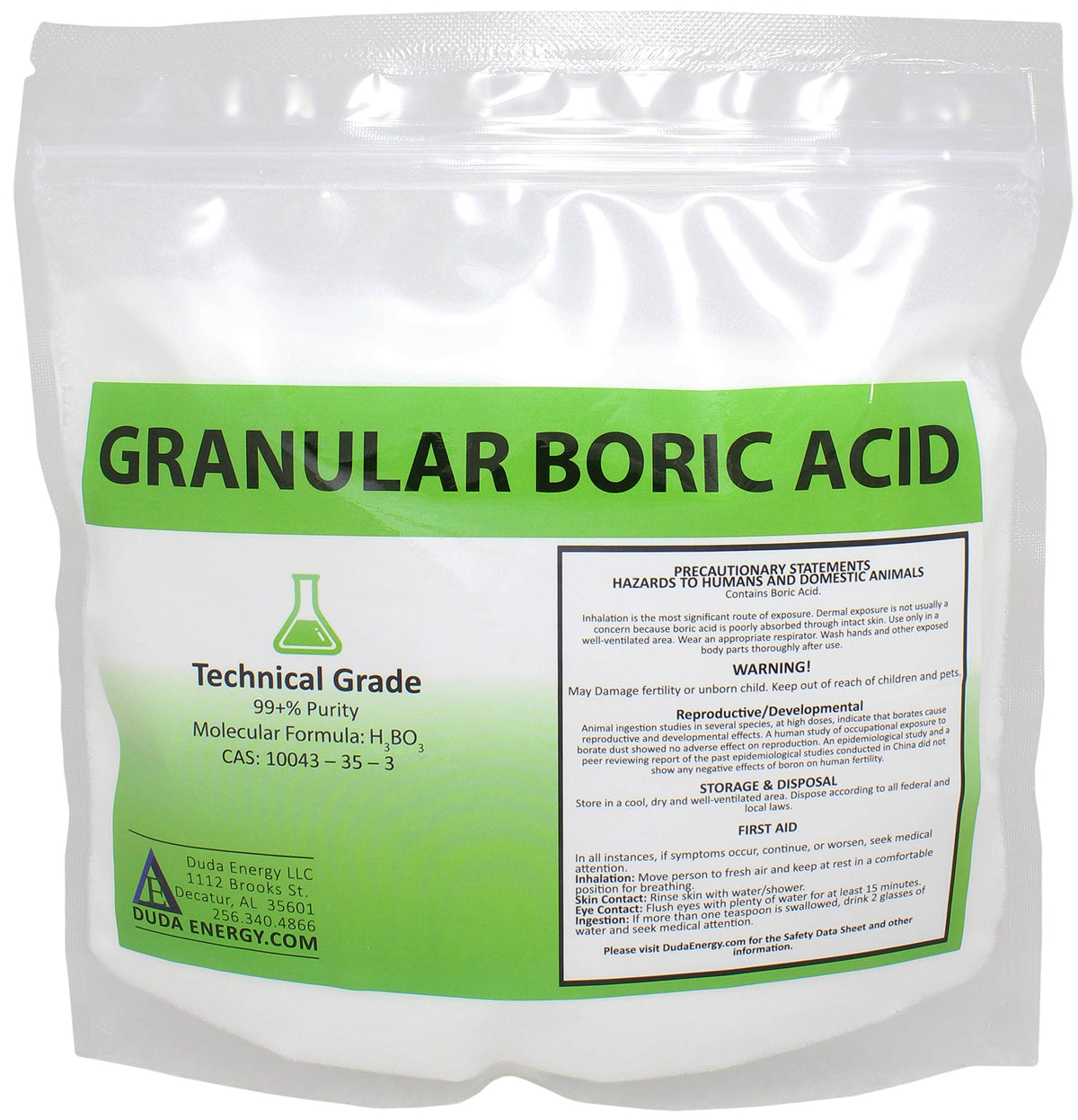 Duda Energy granular boric acid 1-lb bag for industrial use and pest control preparation.