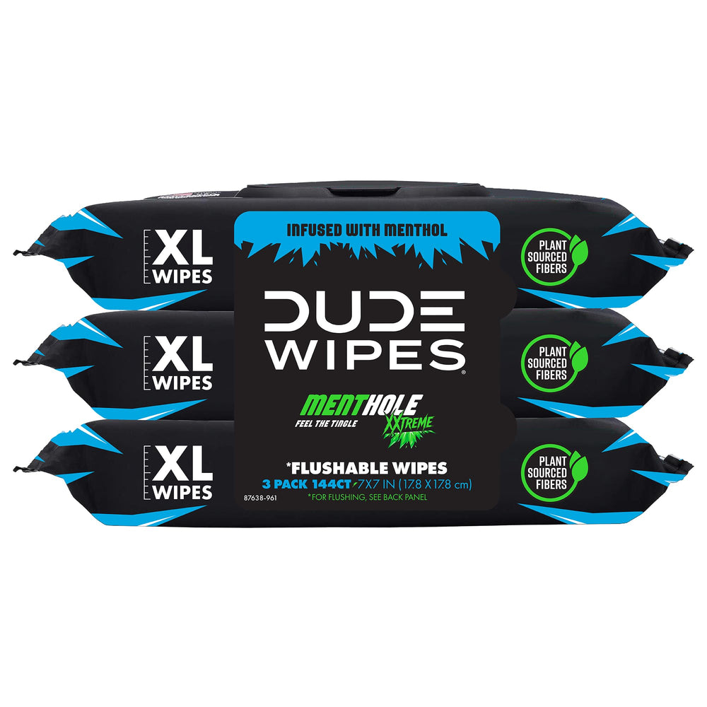 DUDE Wipes MentHOLE XXtreme 3-pack front view for a cooling, on-the-go clean.
