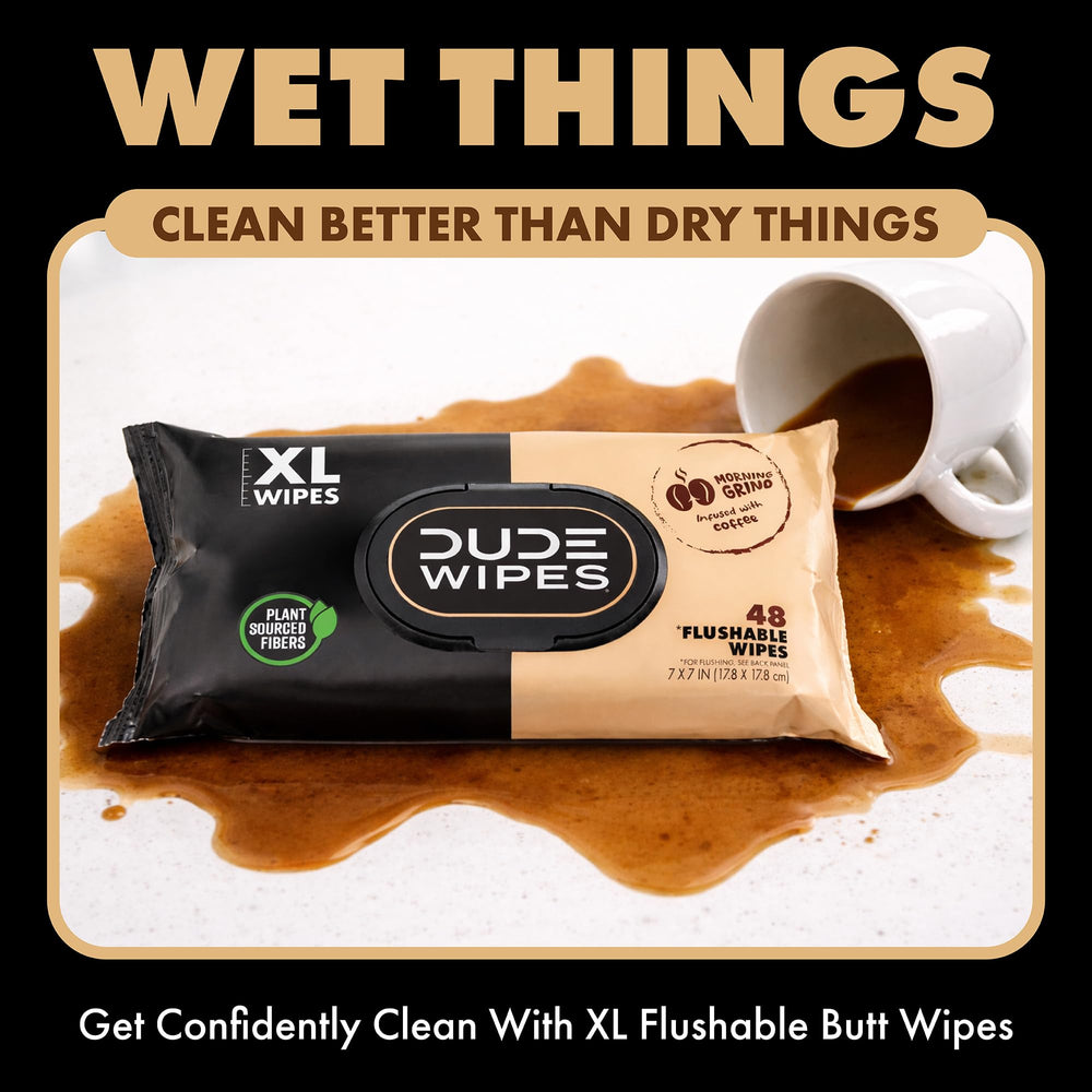 DUDE Morning Grind septic-safe flushable wipes in a bathroom setting