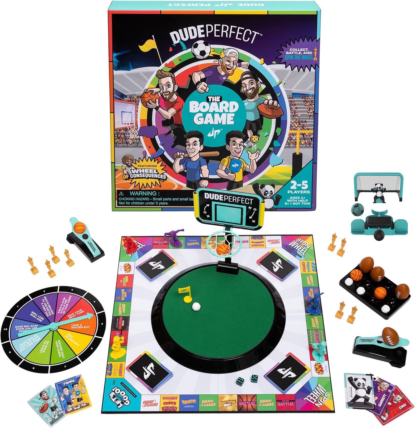 Dude Perfect board game with soccer add-on and ball launcher for fast-paced family action