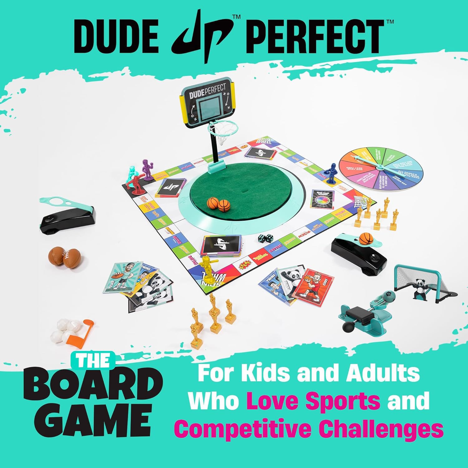 Dude Perfect board game soccer add-on goalie net shown for exciting goal defense