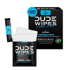 Dude Wipes Double Deuce unscented travel pack front view, ideal for on-the-go freshness.