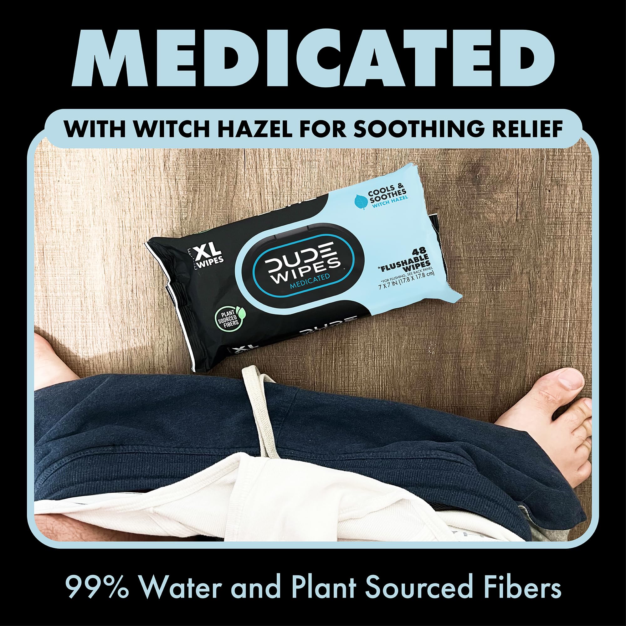 DUDE Wipes closeup of witch hazel formula delivering soothing relief