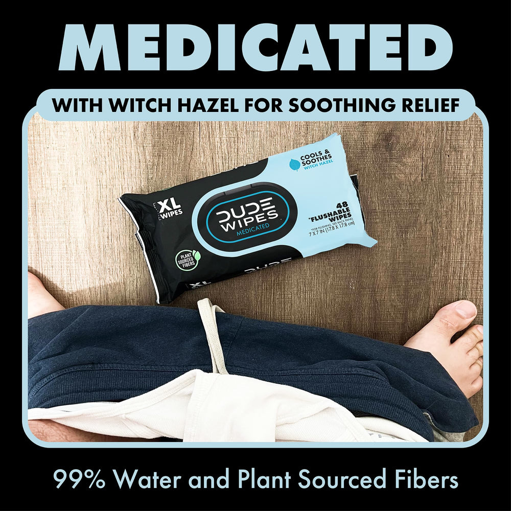 DUDE Wipes closeup of witch hazel formula delivering soothing relief