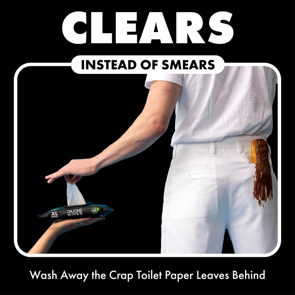DUDE Wipes flushable and sewer-safe visual emphasizing compatibility