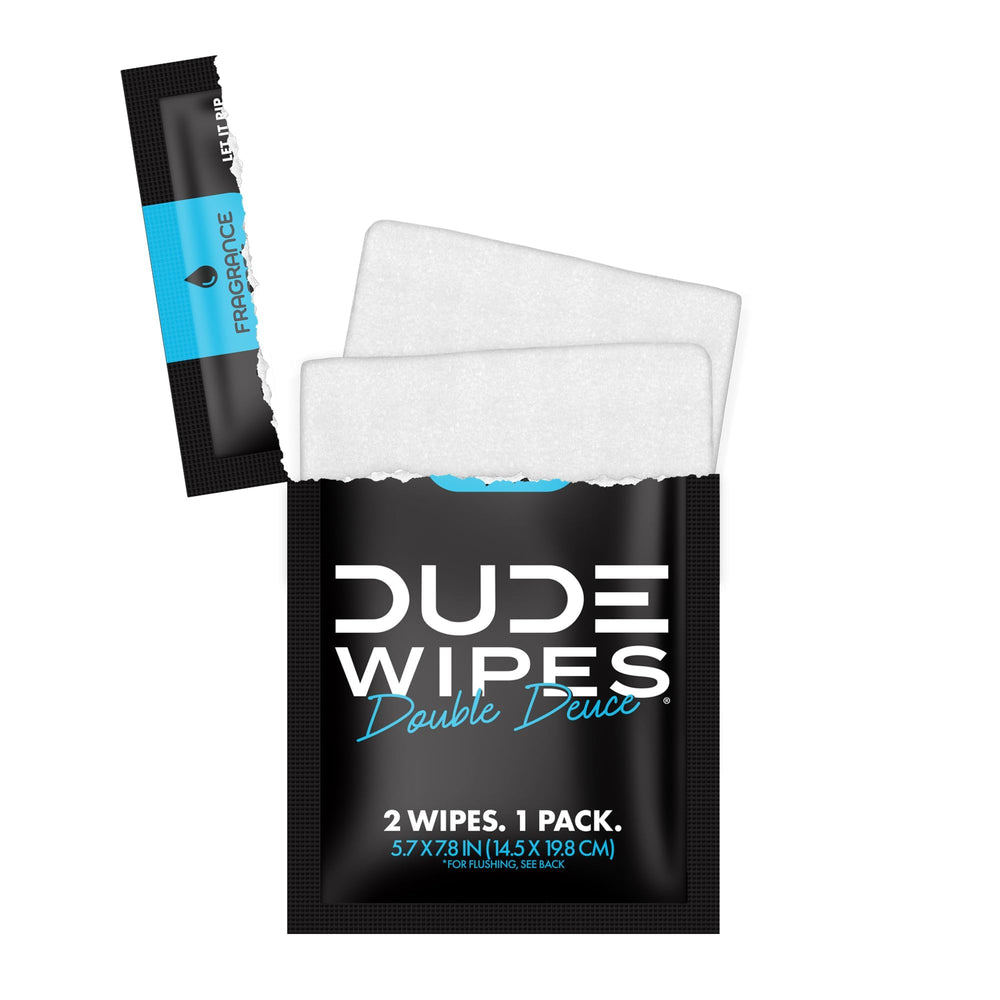 Dude Wipes packaging highlighting two wipes per pack.
