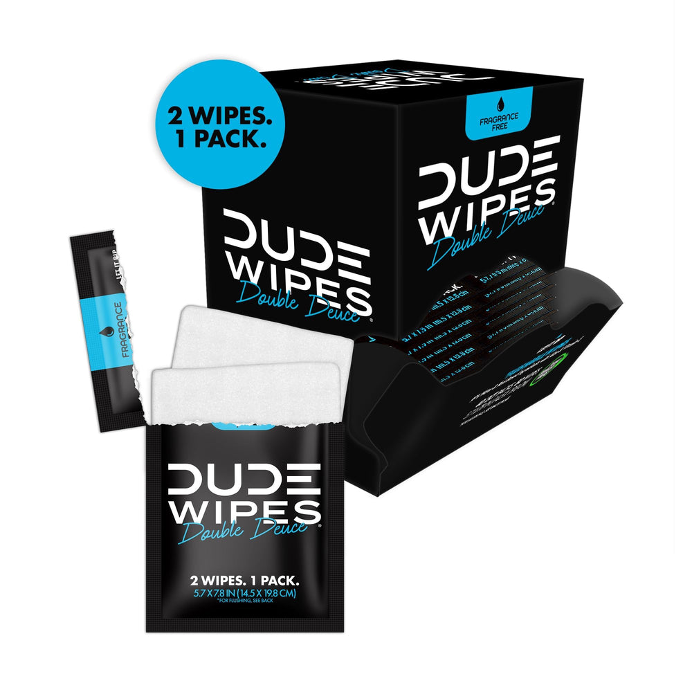 Dude Wipes on the go scenario emphasizing convenience.