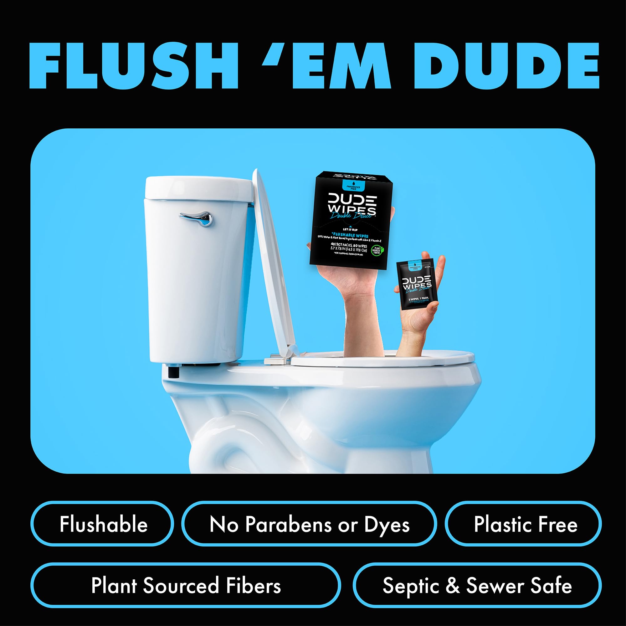 Dude Wipes travel pack on a counter during travel use.
