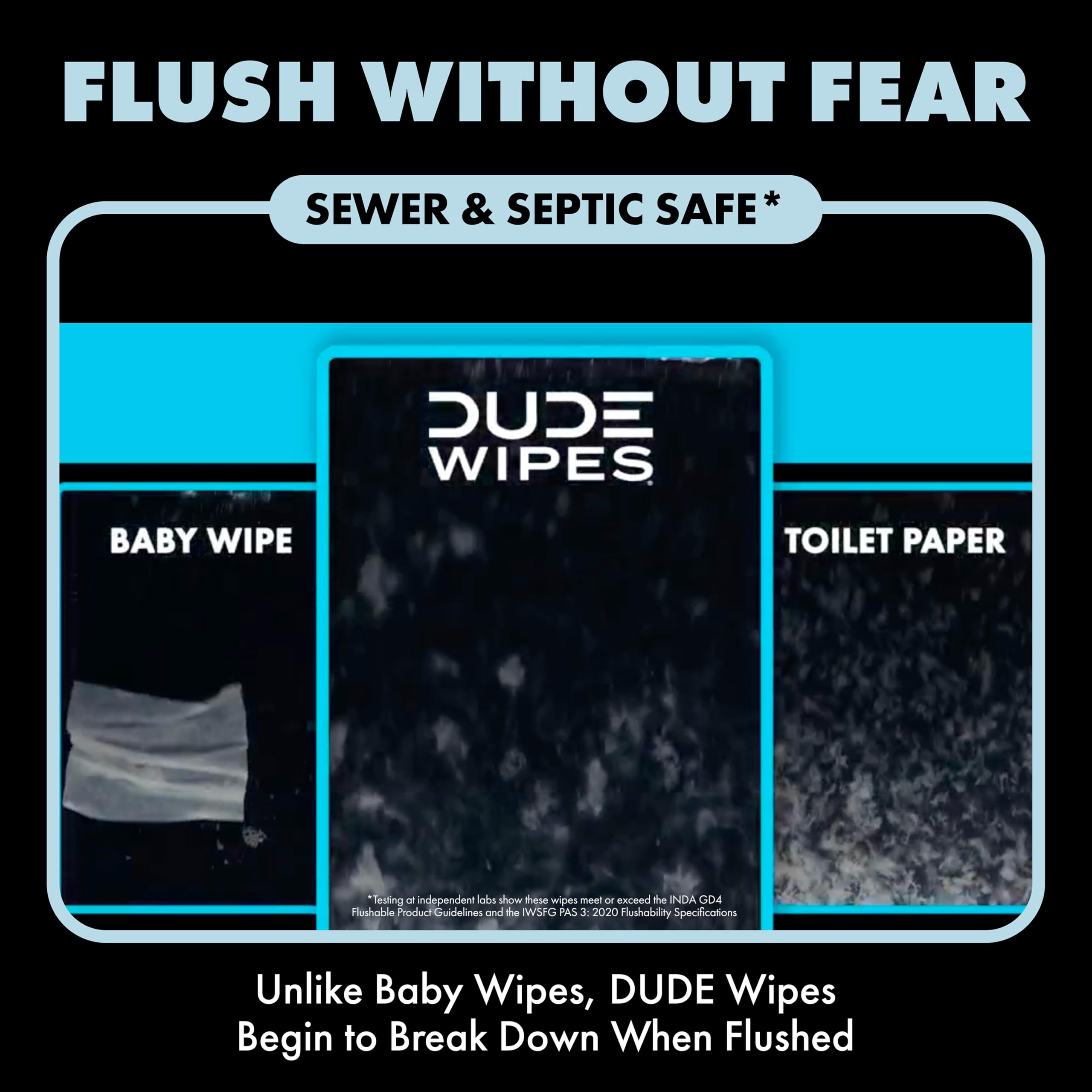Dude Wipes unscented with aloe and vitamin E for sensitive skin care.