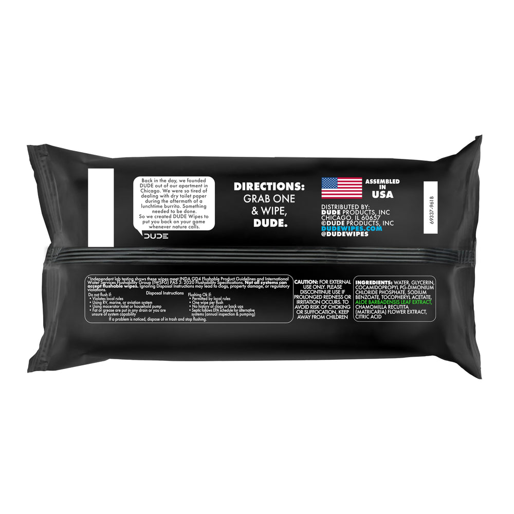 DUDE Wipes unscented hypoallergenic formula reduces irritation potential.