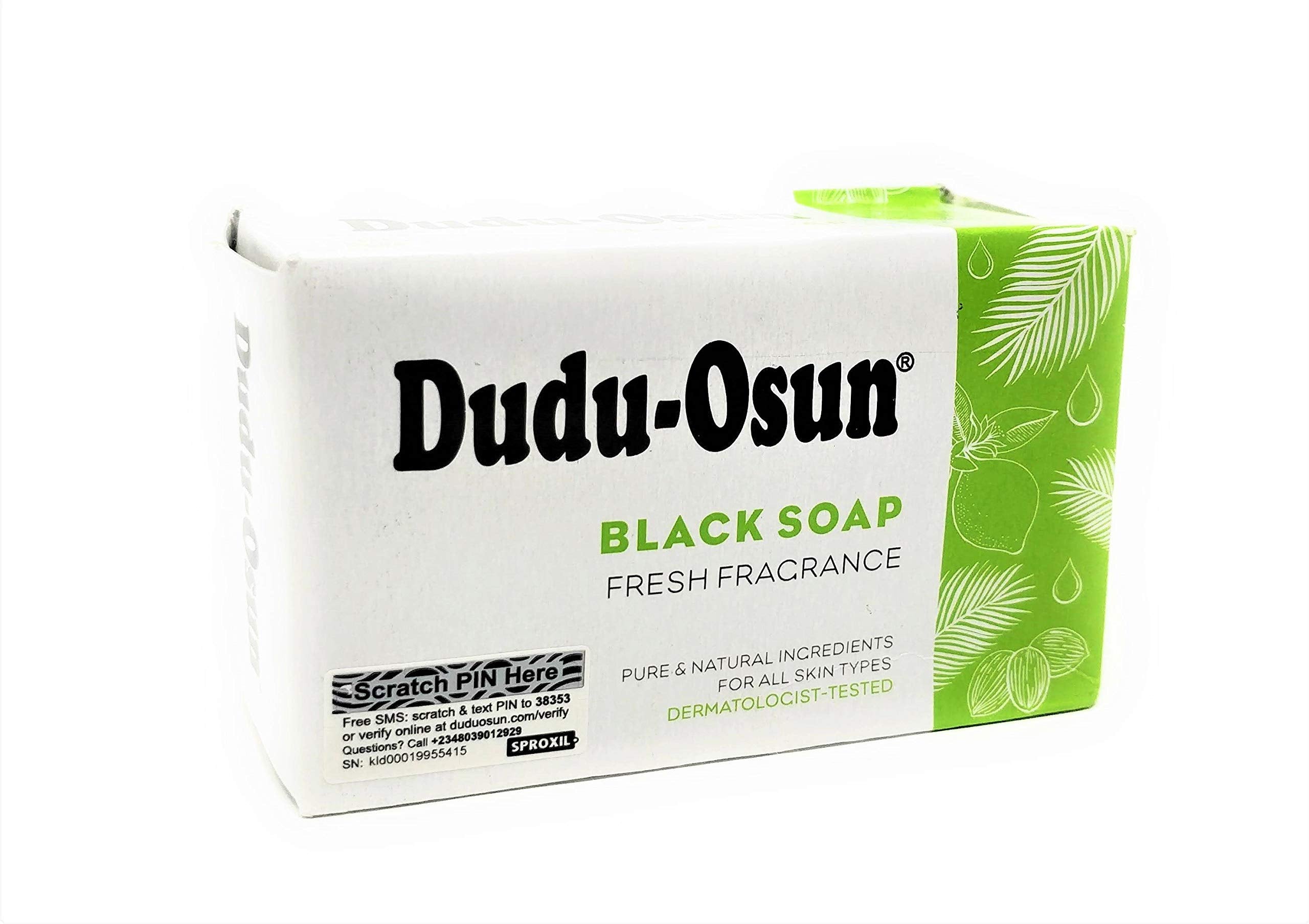 DuDu Osun African Black Soap back view shows packaging and authenticity.