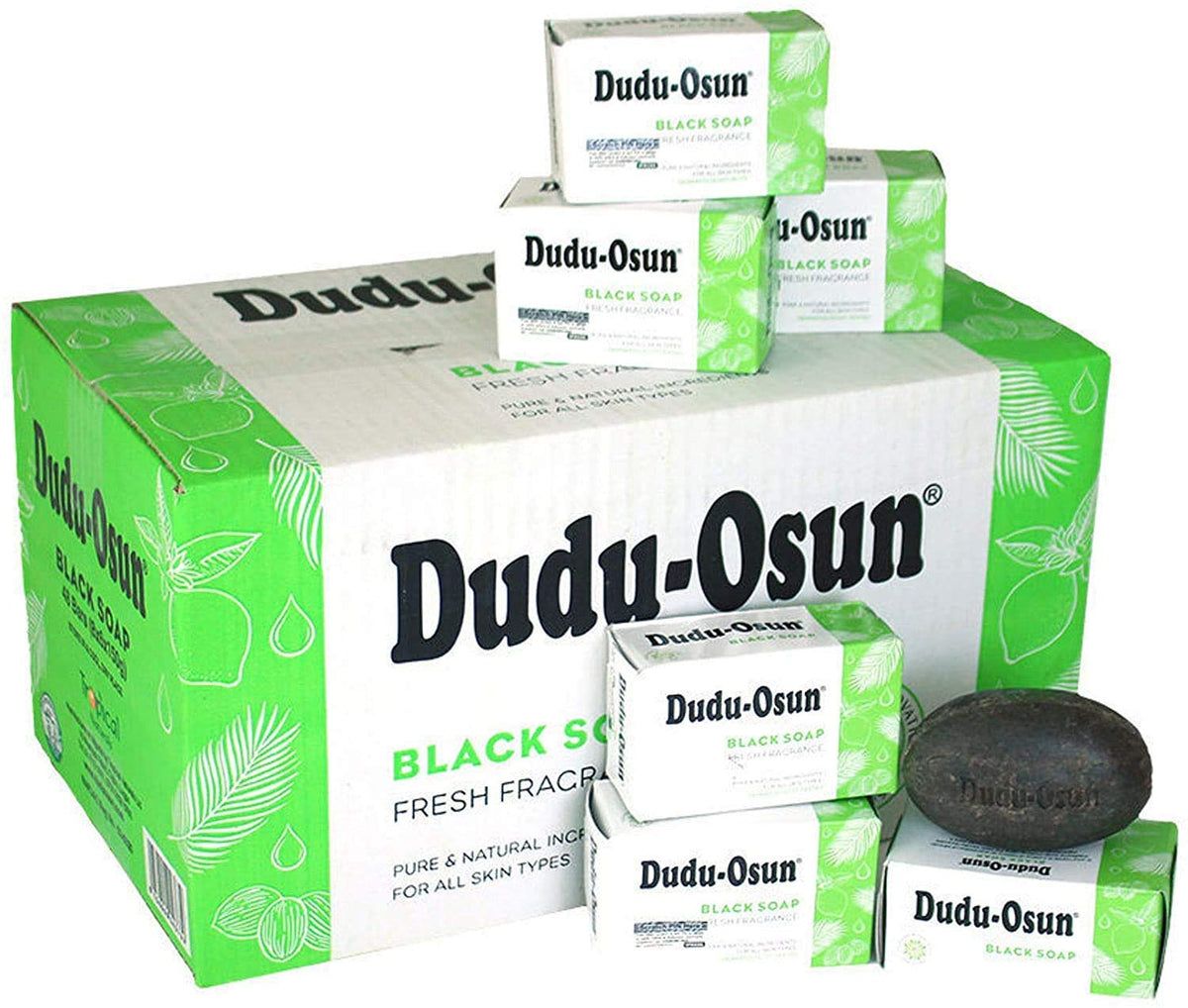 DuDu Osun African Black Soap front view promotes daily cleansing and skin balance.