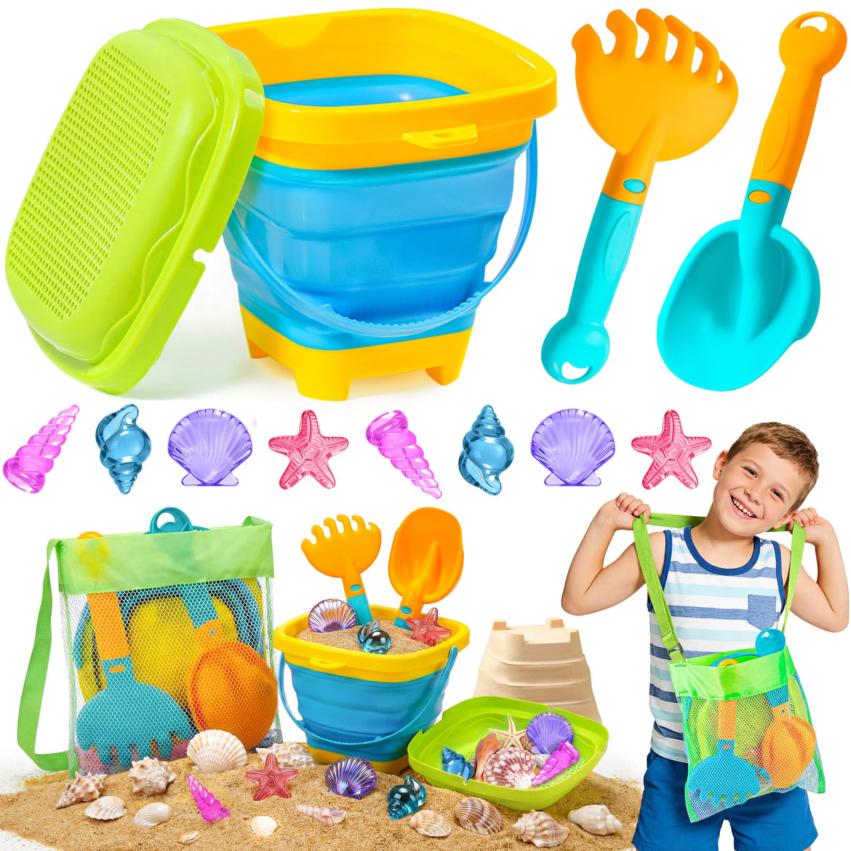 DUDUCOFU collapsible sand bucket with sifter lid for tidy beach play