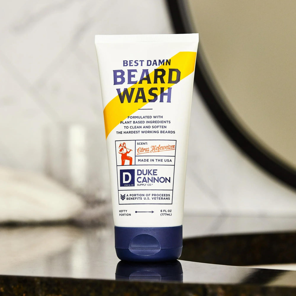 Duke Cannon Beard Wash packaging and label showing rugged branding.