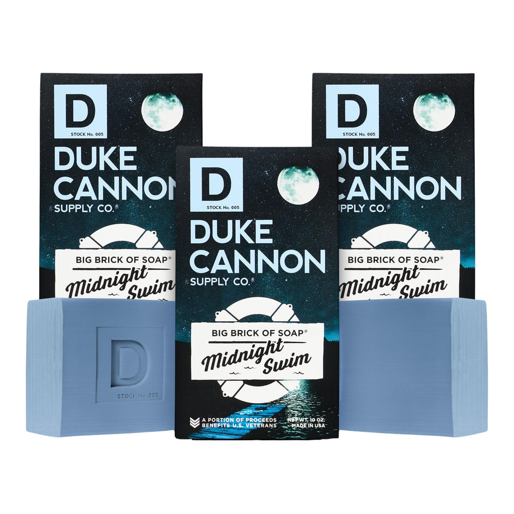 Duke Cannon big brick of soap in Midnight Swim scent for a refreshing morning cleanse.