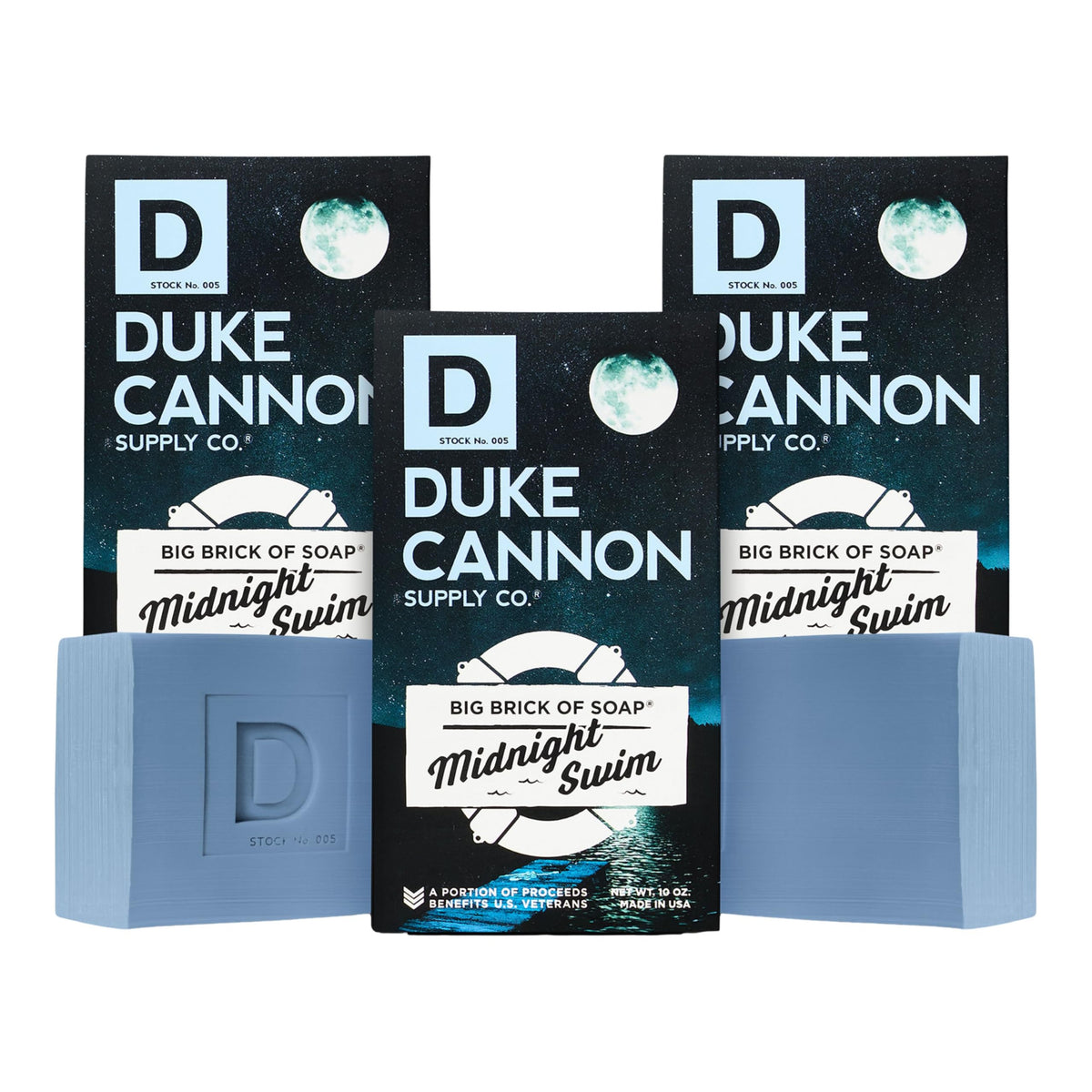Duke Cannon big brick of soap in Midnight Swim scent for a refreshing morning cleanse.