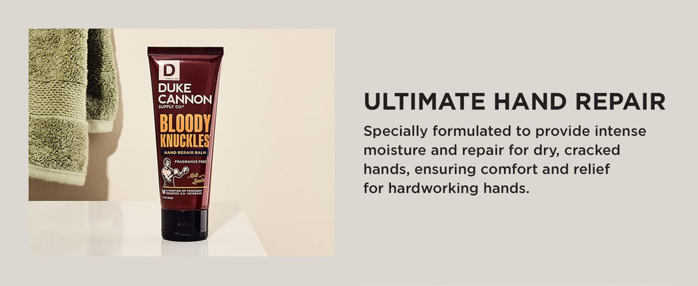 Duke Cannon Bloody Knuckles balm designed for daily use on dry hands.
