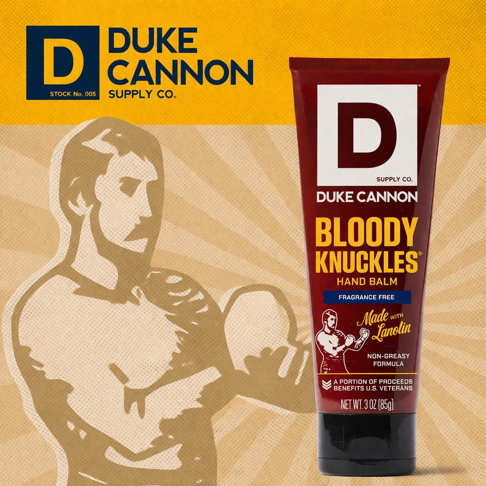 Duke Cannon Bloody Knuckles balm with lanolin formula delivers deep moisturization.