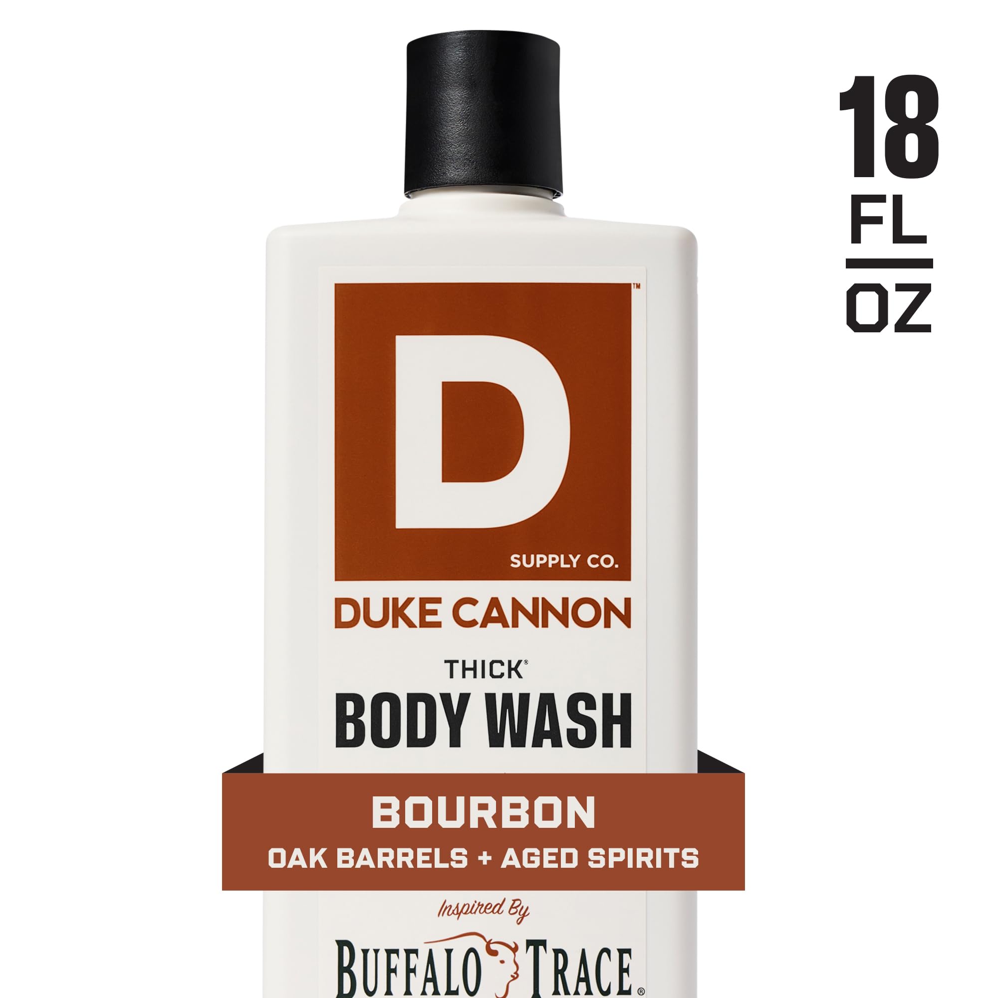 Duke Cannon Bourbon Body Wash label close-up, rugged, long-lasting scent.