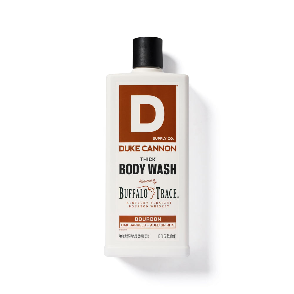 Duke Cannon Bourbon Body Wash oak barrel essence close-up, earthy notes.