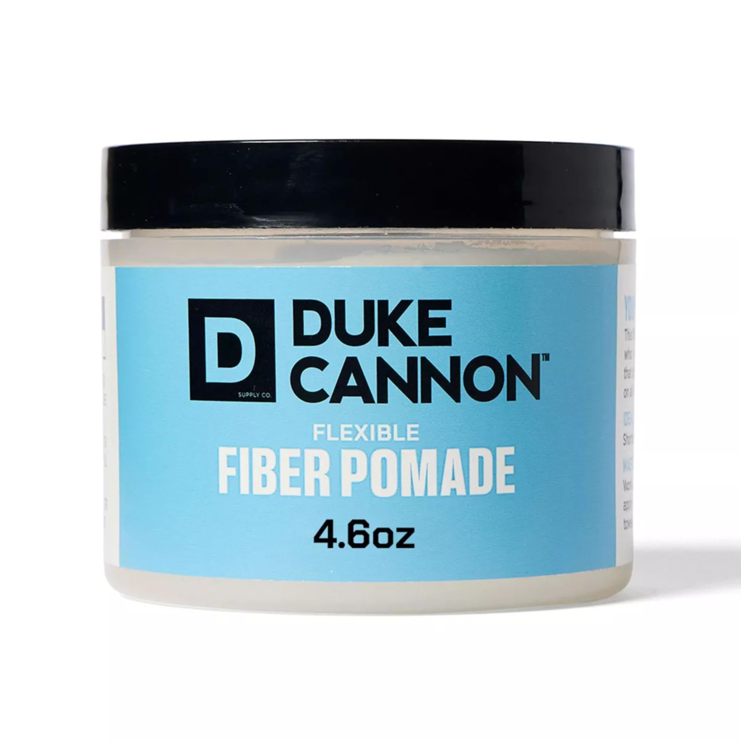 Duke Cannon Flexible Fiber Pomade bottle front shows strong hold without shine