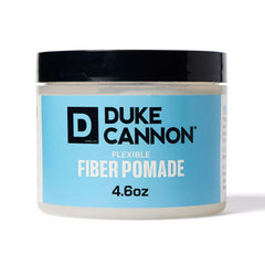 Duke Cannon Flexible Fiber Pomade bottle front shows strong hold without shine