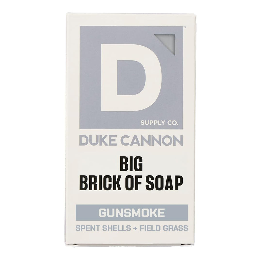 Duke Cannon Gun Smoke extra-large bar soap close-up for rugged cleansing.