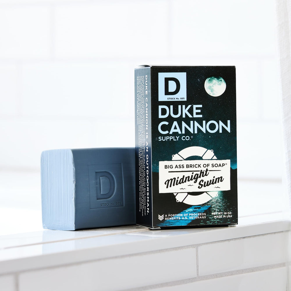 Duke Cannon large 10 oz bar delivering a moisturizing lather that nourishes skin.