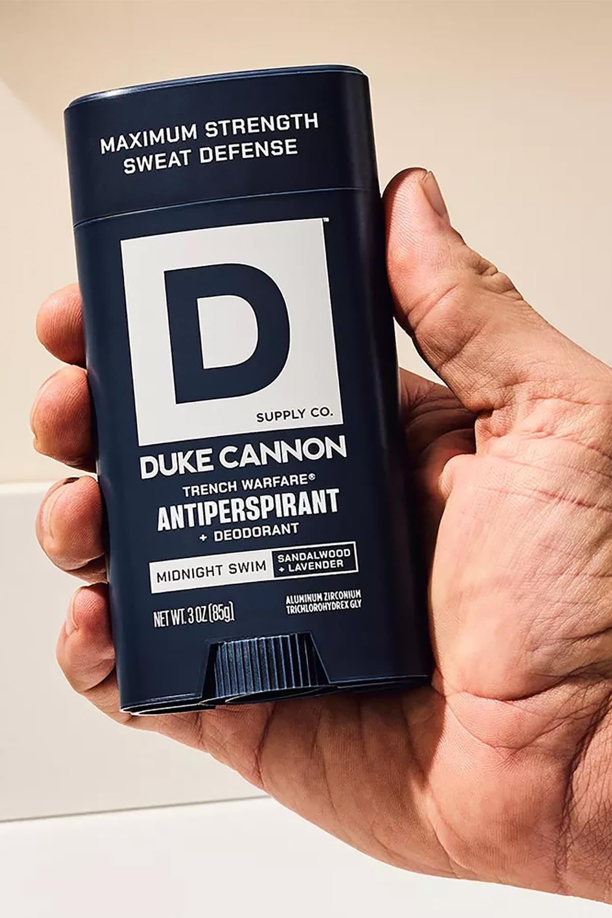 Duke Cannon Midnight Swim 3 oz packaging ready for travel